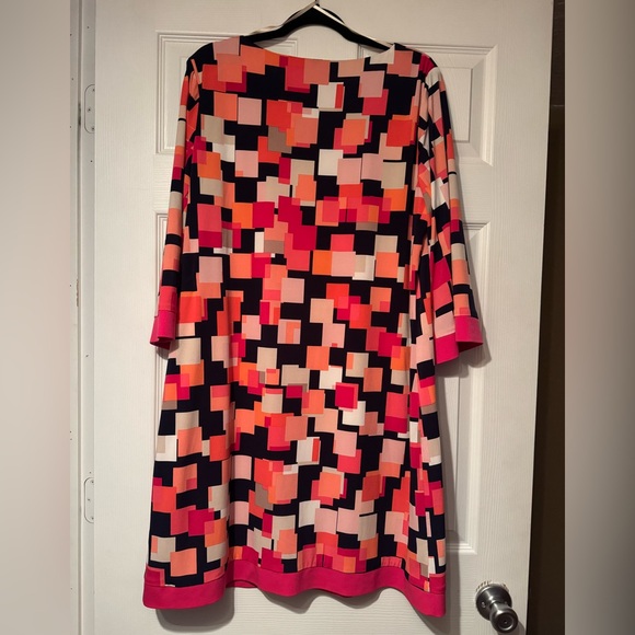 Jessica H Sz 16W Geometric Pattern Pink Navy Coral dress pink trim, fully lined - Picture 6 of 8